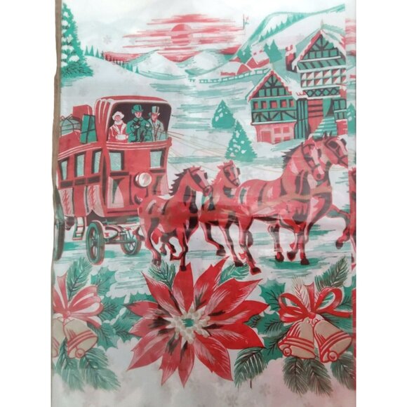 3 VTG Plastic Christmas TableCloths Cover Horse Sleigh Bells Poinsettia Holiday - Picture 5 of 9
